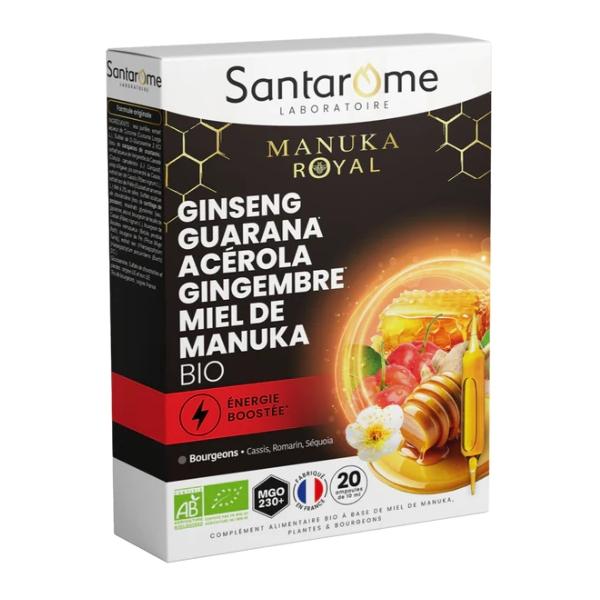 Ginseng Guarana Acérola Gingembre Miel de Manuka Bio, 20 ampoules - SANTAROME BIO