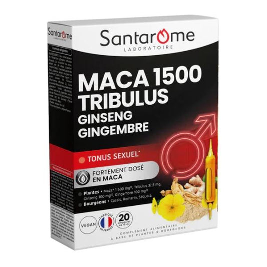 Maca 1500 Tribulus Ginseng Gingembre, 20 ampoules - SANTAROME BIO