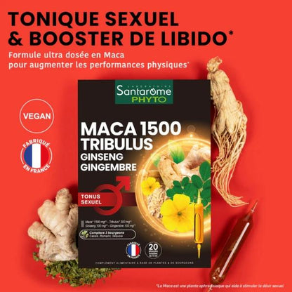 Maca 1500 Tribulus Ginseng Gingembre, 20 ampoules - SANTAROME BIO