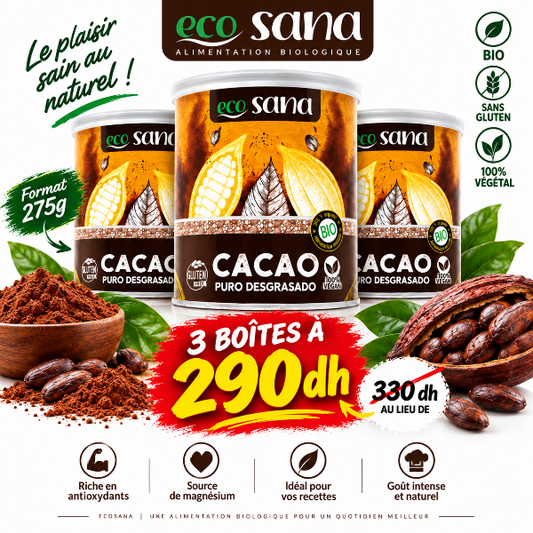 Pack 3 boîtes – Cacao Pur Dégraissé en poudre BIO sans sucre 275g - ECOSANA
