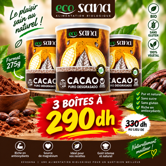 Pack 3 boîtes Cacao Pur Dégraissé en poudre BIO 275g ECOSANA